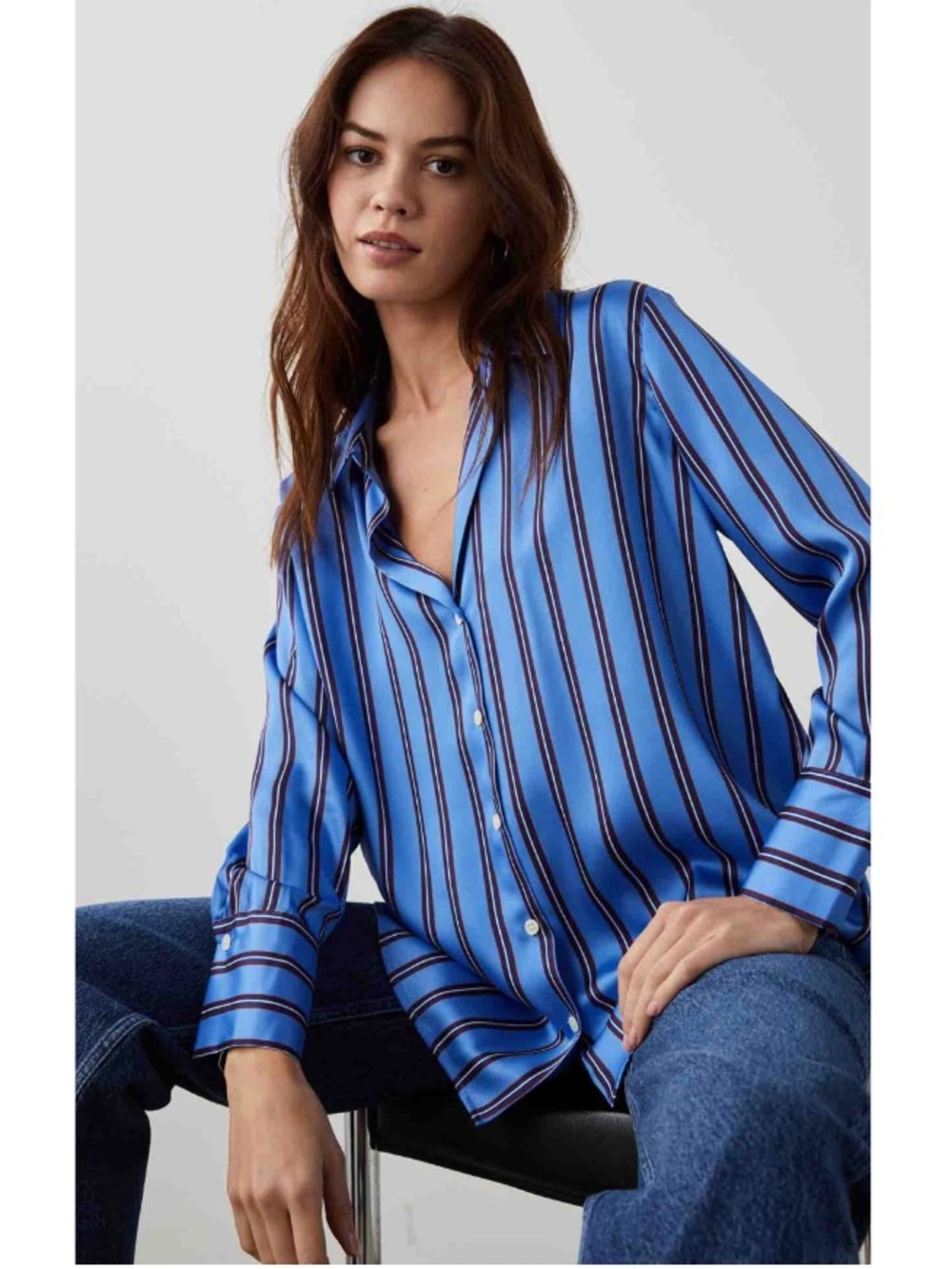 Rails Ledger Primrose Striped Collared Button-Up Satin Relaxed Shirt Blue Medium